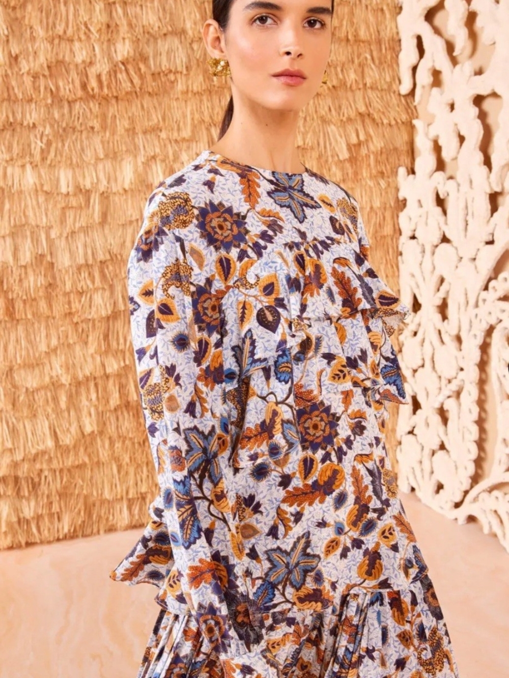 Ulla Johnson Floral Silk Ruffle Long-Sleeve Blouse in Cream, Blue and Brown